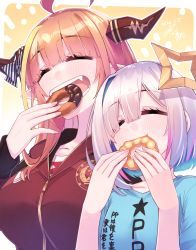 Rule 34 | 2girls, ahoge, amane kanata, blonde hair, blue hair, blue shirt, blunt bangs, blush, bow, closed eyes, collarbone, commentary request, dated, diagonal-striped bow, doughnut, dragon girl, dragon horns, emblem, food, food in mouth, hair between eyes, hair over one eye, halo, hand up, hands up, highres, hikawa shou, holding, holding food, hololive, hood, hood down, hooded track jacket, horn bow, horn ornament, horns, jacket, kiryu coco, kiryu coco (loungewear), logo, long hair, long sleeves, multicolored hair, multiple girls, official alternate costume, open mouth, orange hair, outline, pink hair, pointy ears, pon de ring, pp tenshi t-shirt, red jacket, shirt, short hair, short sleeves, sidelocks, signature, silver hair, simple background, single hair intake, star halo, streaked hair, teeth, track jacket, upper body, virtual youtuber, white outline, zipper