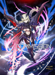 Rule 34 | 1girl, armor, artoria pendragon (fate), artoria pendragon (lancer alter) (fate), blonde hair, braid, breasts, cleavage, commission, dark rhongomyniad, fate/grand order, fate (series), french braid, gauntlets, highres, horns, looking at viewer, open mouth, rhongomyniad (fate), shoulder armor, skeb commission, tail, toh., underboob, yellow eyes
