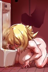 Rule 34 | 1girl, bathroom, blonde hair, blush, breasts, completely nude, dark magician girl, highres, humiliation, large breasts, long hair, nipples, nude, pee, peeing, restroom, solo focus, toilet stall, urinal, yu-gi-oh!