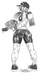 Rule 34 | 1girl, aged up, ass, baseball cap, bike shorts, breasts, female focus, full body, greyscale, hat, ink tank (splatoon), inkling, inkling girl, inkling player character, large breasts, legs, long hair, looking at viewer, looking back, monochrome, monster girl, nintendo, paint, paint splatter, pointy ears, sexually suggestive, short hair with long locks, shorts, simple background, skin tight, solo, splatoon (series), splatoon 1, splattershot (splatoon), suggestive fluid, super soaker, synecdoche, tentacle hair, thighs, twintails, water gun, white background