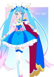 Rule 34 | 1girl, ahoge, blue cape, blue dress, blue eyes, blue hair, cape, character name, commentary request, cure sky, dress, earrings, eyelashes, fingerless gloves, gloves, gradient background, gradient hair, hair ornament, happy, highres, hirogaru sky! precure, jewelry, long hair, looking at viewer, magical girl, multicolored hair, pink hair, precure, red cape, shirako love, smile, solo, sora harewataru, standing, streaked hair, thighhighs, thighs, twintails, two-tone cape, two-tone hair, very long hair, white gloves, white thighhighs, wing hair ornament