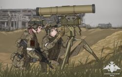 2661789381 2girls 9m133_kornet ak-200 anti-tank_missile assault_rifle blonde_hair blurry brown_hair depth_of_field grass gun highres holding holding_gun holding_weapon kalashnikov_rifle load_bearing_vest military_uniform multiple_girls original rifle russian_army tripod weapon