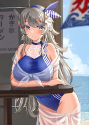 Rule 34 | 1girl, ahoge, blue one-piece swimsuit, blue sky, blush, breasts, cloud, cloudy sky, grey eyes, grey hair, highres, kantai collection, large breasts, long hair, looking at viewer, mayura (lucadia), ocean, one-piece swimsuit, sarong, sky, smile, solo, swimsuit, table, twitter username, washington (kancolle)