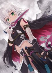 Rule 34 | 1girl, bandages, bandaged arm, bandages, bare shoulders, black gloves, cape, dagger, dutch angle, fate/apocrypha, fate (series), fingerless gloves, gloves, green eyes, highres, hyuuga azuri, jack the ripper (fate/apocrypha), knife, looking at viewer, outdoors, scar, short hair, silver hair, single glove, solo, tattoo, vest, weapon