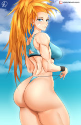 Rule 34 | 1girl, absurdres, almualim, artist name, ass, back, blonde hair, blue eyes, breasts, captain mizuki, highres, huge ass, large breasts, long hair, looking at viewer, muscular, muscular female, one-punch man, sky, smile, solo, sports bra, thick thighs, thighs, thong, toned