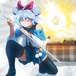 Rule 34 | 1girl, bare shoulders, black footwear, black tank top, black thighhighs, blue hair, blue skirt, bowl, closed mouth, collarbone, commentary request, copyright request, double bun, hair between eyes, hair bun, half-closed eyes, hat, highres, holding, holding sheath, holding sword, holding weapon, jacket, katana, kotatsu, long hair, long sleeves, off shoulder, on one knee, pleated skirt, red eyes, revision, sheath, sheathed, shirosato, shoes, skirt, solo, sukiichi pixiv, sword, table, tank top, thighhighs, v-shaped eyebrows, weapon, white hat, white jacket