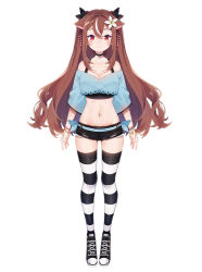 Rule 34 | 1girl, animal ears, bare shoulders, black choker, black footwear, black shirt, black shorts, blue shirt, bracelet, breasts, brown hair, choker, cleavage, closed mouth, collarbone, crop top, crop top overhang, cutoffs, fiji (vtuber), flower, full body, groin, hair flower, hair ornament, hair ribbon, highres, indie virtual youtuber, jewelry, kanzashi, large breasts, long hair, looking at viewer, micro shorts, midriff, multicolored hair, navel, off-shoulder shirt, off shoulder, red eyes, ribbon, shirt, shoes, short shorts, short sleeves, shorts, sidelocks, simple background, smile, sneakers, solo, standing, stomach, streaked hair, striped clothes, striped thighhighs, thighhighs, thighs, two side up, undershirt, very long hair, virtual youtuber, white background, yennineii, yuniiho