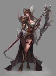 Rule 34 | 1girl, armor, boots, breasts, buckle, cape, chain, cleavage, curvy, dress, helmet, highres, jewelry, large breasts, nawol, red hair, scythe, short dress, solo, valkyrie, vambraces, wings