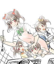 Rule 34 | 10s, 1boy, 3girls, ajishio, apron, cooking, hair bobbles, hair ornament, hand on another&#039;s head, headpat, kitchen, ladle, love live!, love live! school idol project, multiple girls, open mouth, red eyes, short twintails, siblings, side ponytail, simple background, skirt, smile, twintails, yazawa cocoa, yazawa cocoro, yazawa cotaro, yazawa nico