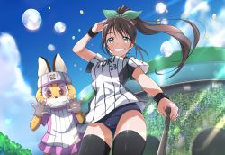 Rule 34 | 10s, 1girl, baseball bat, black thighhighs, blue one-piece swimsuit, blue sky, blush, bow, breasts, day, floating hair, green bow, grey eyes, grin, hair bow, hands up, highres, holding, jersey, kemono friends, light rays, long hair, looking at viewer, mascot, medium breasts, one-piece swimsuit, original, outdoors, parted lips, ponytail, school swimsuit, serval (kemono friends), short sleeves, sidelocks, sky, smile, solo focus, standing, sunbeam, sunlight, swimsuit, swimsuit under clothes, tareme, teeth, thighhighs, water drop, yumekaranigeruna