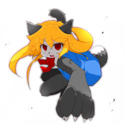 Rule 34 | 1girl, :3, :d, akuma gaoru, animal ears, animal nose, black fur, blonde hair, blue dress, body fur, bow, claws, commentary request, dress, fang, full body, furry, furry female, futaba channel, hair between eyes, long hair, looking at viewer, open mouth, partial commentary, rai (sakuranbo sugar), red bow, red eyes, simple background, slit pupils, smile, solo, tail, two-tone fur, white background, white fur