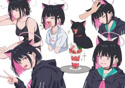 Rule 34 | + +, 1girl, absurdres, animal ears, aqua sailor collar, black camisole, black cat, black choker, black hair, black jacket, blue archive, blunt ends, blush, camisole, cat, choker, closed eyes, colored inner hair, disembodied hand, earclip, fang, halo, headpat, highres, hood, hooded jacket, jacket, kazusa (blue archive), long sleeves, looking at viewer, multicolored hair, multiple views, open mouth, parfait, pink hair, red eyes, sailor collar, shirt, simple background, skin fang, tinkie, tray, two-tone hair, v, white background, white shirt, yawning