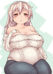 Rule 34 | 1girl, :o, aran sweater, bare shoulders, blush, breasts, cable knit, cleavage, collarbone, denim, eyebrows, fat, hand on breast, hand on own chest, heo (tkgm), highres, jeans, large breasts, long hair, long sleeves, looking at viewer, meat day, mole, mole under eye, muffin top, off-shoulder, off-shoulder sweater, off shoulder, orange eyes, original, pants, parted lips, plump, red eyes, ribbed sweater, short eyebrows, sitting, sleeves past wrists, solo, sweat, sweater, thick eyebrows, thick thighs, thighs, white hair