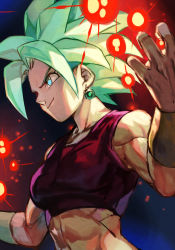 Rule 34 | 1girl, abs, arms at sides, black background, blue background, bracelet, breasts, crop top, cupping hands, dark background, dragon ball, dragon ball super, earrings, energy ball, eyelashes, frown, gradient background, green eyes, green hair, grin, hands up, hungry clicker, jewelry, kefla (dragon ball), light particles, looking away, medium breasts, midriff, muscular, muscular female, own hands together, potara earrings, shaded face, short hair, simple background, sleeveless, smile, solo, spiked hair, super saiyan, upper body, v-shaped eyebrows, very short hair