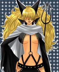 Rule 34 | 1girl, bad id, bad pixiv id, blonde hair, candle, chiroru shimai, cloak, earrings, fringe trim, hair over eyes, hand on own hip, horns, impel down, jewelry, lipstick, makeup, one piece, polearm, revealing clothes, sadi-chan, solo, spear, trident, weapon