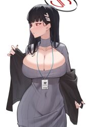 Rule 34 | 1girl, black hair, black jacket, black nails, blue archive, breasts, cleavage, dress, earrings, facing viewer, grey dress, hair ornament, hairclip, highres, id card, jacket, jewelry, lanyard, large breasts, long hair, looking to the side, parted lips, red eyes, rio (blue archive), simple background, solo, stud earrings, turtleneck, turtleneck dress, very long hair, white background, yzr (yzr99)