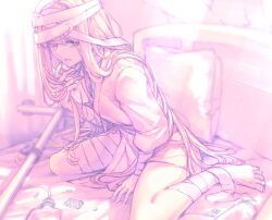 Rule 34 | 1girl, bandaged arm, bandaged head, bandaged leg, bandages, barefoot, bed, blonde hair, breasts, crack, cracked wall, hair between eyes, hand in own hair, hospital bed, intravenous drip, long hair, looking at viewer, medium breasts, mi2mi2 minmi, on bed, original, parted lips, pill, pillow, red eyes, sititng, sitting, solo, very long hair