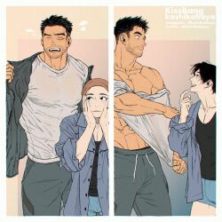 Rule 34 | 2boys, abs, artist name, bara, beard stubble, black hair, black jacket, black pants, black tank top, blue male underwear, blue shirt, closed eyes, closed mouth, couple, facial hair, facial scar, hand on own face, hat, instagram username, jacket, kashikahaya, large pectorals, looking at another, male focus, male underwear, multiple boys, muscular, muscular male, open clothes, open jacket, open mouth, original, pants, pectorals, scar, scar on cheek, scar on face, shirt, short hair, smile, stubble, tank top, twitter username, underwear, undressing, white shirt, yaoi