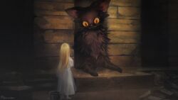 Rule 34 | 1girl, :3, absurdres, animal, barefoot, black cat, blonde hair, cat, cauldron, commentary, dress, english commentary, from behind, full body, highres, indoors, long hair, looking at another, original, oversized animal, solo, very long hair, yellow eyes, yoruneiges