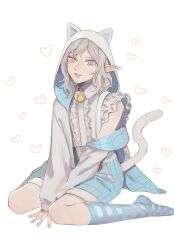 Rule 34 | 1boy, alternate species, androgynous, animal ears, bell, blue shorts, cat boy, cat ears, cat tail, dungeon meshi, elf, frilled sleeves, frills, grey eyes, grey hair, highres, hood, jacket, jacket partially removed, kabe piko, kemonomimi mode, long sleeves, looking at viewer, male focus, medium hair, mithrun, neck bell, pointy ears, shirt, shorts, simple background, sitting, smile, socks, striped clothes, striped socks, suspenders, tail, wariza, white background, white hair