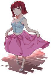 Rule 34 | 1girl, collarbone, furihata ai, looking at viewer, love live!, love live! sunshine!!, navel, pink skirt, red hair, short hair, simple background, skirt, sleeveless, smile, standing, voice actor, waste-man
