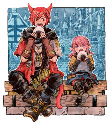 Rule 34 | 1boy, 1girl, animal ears, black pants, black scarf, boots, brown footwear, cape, cat ears, crossed legs, eating, final fantasy, final fantasy xiv, food, hair ornament, holding, holding food, itowo (itowc), jewelry, lalafell, looking up, low twintails, male focus, miqo&#039;te, necklace, onigiri, open mouth, pants, pink hair, pointy ears, purple eyes, red cape, red eyes, red hair, scarf, shirt, short hair, solo, twintails, warrior of light (ff14), white shirt, x hair ornament