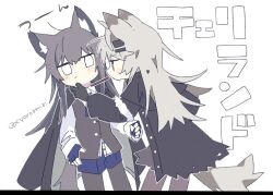 Rule 34 | 2girls, animal ear fluff, animal ears, antenna hair, arknights, artist name, black capelet, black coat, black gloves, black hair, black jacket, black pantyhose, blank eyes, blue gloves, blue necktie, blue shorts, blush, buttons, capelet, clenched hand, closed mouth, coat, collared shirt, colored inner hair, commentary request, deformed, doodles, dot nose, dress shirt, facing viewer, feet out of frame, fingerless gloves, flustered, food, food in mouth, from side, fur-trimmed coat, fur-trimmed sleeves, fur trim, gloves, grey hair, grey skirt, grey tail, grey vest, hair between eyes, hair ornament, hairclip, half-closed eyes, hand on another&#039;s chin, hand up, high collar, highres, jacket, jacket on shoulders, lappland (arknights), lappland (refined horrormare) (arknights), layered sleeves, leaning, leaning forward, leaning on person, legs apart, long hair, long sleeves, looking ahead, looking at another, messy hair, mouth hold, multicolored hair, multiple girls, naguru (cyoroama), necktie, official alternate costume, open clothes, open coat, open jacket, outline, pantyhose, pocky, pocky in mouth, profile, shirt, short over long sleeves, short shorts, short sleeves, shorts, sidelocks, simple background, skirt, standing, sweat, tail, texas (arknights), texas the omertosa (arknights), torn clothes, torn coat, torn skirt, translation request, twitter username, two-sided fabric, two-sided jacket, two-tone hair, untucked shirt, very long hair, vest, white background, white outline, white shirt, wide sleeves, wing collar, wolf ears, wolf girl, wolf tail, yuri