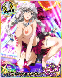 Rule 34 | 10s, 1girl, breasts, card (medium), female focus, grayfia lucifuge, high school dxd, highres, large breasts, long hair, navel, nipples, shoes, skirt, solo, spread legs, squatting, third-party edit, topless