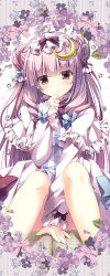 Rule 34 | 1girl, alternate headwear, between legs, book, capelet, coat, crescent, crescent hair ornament, double bun, dress, flower, hair bun, hair ornament, hand between legs, hand to own mouth, kino (kino konomi), long hair, long sleeves, looking at viewer, open clothes, open coat, patchouli knowledge, purple eyes, purple hair, sitting, solo, striped clothes, striped dress, touhou, very long hair