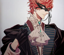 Rule 34 | 1boy, alternate costume, ascot, black cloak, black gloves, black ribbon, cloak, commentary, english commentary, fire emblem, fire emblem: three houses, gloves, gold trim, half gloves, hand up, high collar, jewelry, long sleeves, looking at viewer, male focus, mask, masquerade mask, necklace, nintendo, red hair, ribbon, smile, solo, sylvain jose gautier, tsukimura noe, upper body, yellow eyes