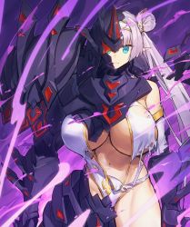 Rule 34 | 1girl, armor, bare shoulders, black armor, blue eyes, blush, breasts, britomart (fate), britomart (final ascension) (fate), britomart (first ascension) (fate), broken armor, center opening, cleavage, double bun, fate/grand order, fate (series), gold one-piece swimsuit, gold trim, grey hair, hair bun, hairband, highleg, highleg swimsuit, large breasts, long hair, looking at viewer, melon22, navel, one-piece swimsuit, pointy ears, solo, swimsuit, taut clothes, taut swimsuit, thighs, torn clothes, torn swimsuit, twintails, two-tone swimsuit, very long hair, white one-piece swimsuit