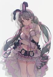 Rule 34 | 1girl, animal ears, bare shoulders, blush, bow, breasts, brown eyes, brown hair, cleavage, cross-laced clothes, dangle earrings, detached collar, drop shadow, earrings, fake animal ears, frilled skirt, frills, hair bow, hair ornament, hair ribbon, heart, heart hair ornament, highres, idolmaster, idolmaster cinderella girls, jewelry, long hair, low twintails, midriff, miniskirt, nanonin, rabbit-shaped pupils, rabbit ears, ribbon, shimamura uzuki, skirt, solo, symbol-shaped pupils, thighs, twintails, very long hair, wavy mouth, wrist cuffs
