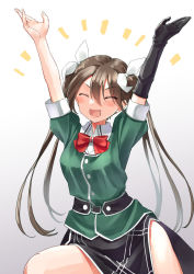 Rule 34 | 1girl, arms up, brown hair, closed eyes, cowboy shot, elbow gloves, fang, gloves, gradient background, hair between eyes, hair ribbon, kantai collection, long hair, mayura (lucadia), military, military uniform, open mouth, pelvic curtain, ribbon, side slit, single elbow glove, skin fang, smile, solo, tone (kancolle), tone kai ni (kancolle), twintails, uniform, white background