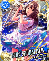 Rule 34 | 10s, 1girl, bracelet, brown hair, character name, crowd, diamond (gemstone), dress, dutch angle, glowstick, green eyes, hair ornament, idolmaster, idolmaster cinderella girls, jewelry, jpeg artifacts, long hair, microphone, microphone stand, official art, open mouth, outside border, pink dress, shibuya rin, solo, star (symbol)