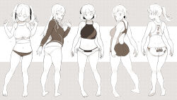 Rule 34 | 5girls, absurdres, ass, barefoot, bikini, breasts, butt crack, competition swimsuit, diving suit, feet, from behind, full body, greyscale, halterneck, highres, large breasts, layered bikini, lineart, long hair, looking at viewer, looking back, monochrome, multiple girls, navel, neyuki rei, one-piece swimsuit, original, short hair, standing, swimsuit, twintails, two-tone swimsuit