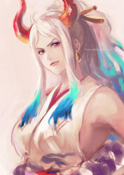 Rule 34 | 1girl, aqua hair, artist name, closed mouth, commentary request, earrings, hair ornament, hair stick, highres, hoop earrings, horns, jewelry, long hair, looking at viewer, multicolored hair, multicolored horns, one piece, oni, ponytail, rope, shimenawa, smile, solo, tsuyomaru, twitter username, white hair, yamato (one piece)