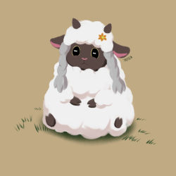 Rule 34 | :3, absurdres, artist name, closed mouth, commentary request, creatures (company), flower, game freak, gen 8 pokemon, grass, hair flower, hair ornament, highres, nintendo, no humans, pokemon, pokemon (creature), pokemon swsh, sidelocks, simple background, sitting, solo, treyer, wooloo