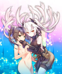 Rule 34 | 2girls, abyssal crane princess, abyssal ship, bankoku ayuya, bare shoulders, black sweater, closed mouth, detached sleeves, earrings, floating hair, green eyes, green hair, grey hair, hair between eyes, hair ornament, hair ribbon, horns, jewelry, kantai collection, long hair, multiple girls, nude, pale skin, parted lips, red eyes, ribbed sweater, ribbon, shorts, sleeveless, striped legwear, sweater, sweater vest, twintails, vertical-striped legwear, white hair, white ribbon, zuikaku (kancolle)