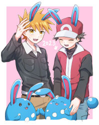 Rule 34 | 2boys, azumarill, belt, belt buckle, blonde hair, blue oak, blush, border, buckle, commentary request, creatures (company), game freak, gen 2 pokemon, hand up, hat, highres, jacket, jewelry, male focus, mochi (mocchi p 2m), multiple boys, necklace, nintendo, open mouth, pants, pink background, pokemon, pokemon (creature), pokemon ears, pokemon hgss, red (pokemon), red headwear, shirt, short hair, smile, spiked hair, sweatdrop, teeth, upper teeth only, white border, white shirt
