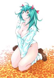 Rule 34 | 00s, 1girl, absurdres, blush, breasts, cleavage, feet, green eyes, green hair, hair ribbon, highres, ikkitousen, large breasts, legs, long hair, looking at viewer, matching hair/eyes, official art, ribbon, ryofu housen, shiozaki yuji, shoes, simple background, sitting, socks, solo, thighs, twintails, white background