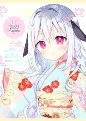 Rule 34 | 1girl, animal ears, aoi yun, blue kimono, blush, censored, closed mouth, floral print, flower, grey hair, hair between eyes, hair flower, hair intakes, hair ornament, highres, japanese clothes, kimono, long hair, long sleeves, looking at viewer, mosaic censoring, original, print kimono, rabbit ears, red eyes, sleeves past wrists, smile, solo, upper body, very long hair, white background, white flower, wide sleeves