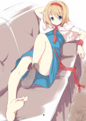 Rule 34 | 1girl, alice margatroid, arm up, bare legs, barefoot, blonde hair, blue eyes, blush, capelet, feet, hairband, looking at viewer, lying, nirap, open mouth, sample watermark, shoes, short hair, single shoe, solo, touhou, watermark, wristband