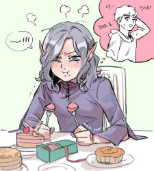 Rule 34 | !, !!, 2boys, :i, angry, blush, cake, cake slice, chair, dessert, dungeon meshi, elbow rest, elf, food, green background, grey eyes, grey hair, holding, holding food, kabru, korean text, long sleeves, male focus, medium hair, mithrun, muffin, multiple boys, one eye closed, pancake, pancake stack, partially colored, plate, pointy ears, shirt, snot, sweatdrop, table, tearing up, thought bubble, trembling, wavy hair, zo na