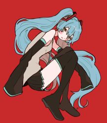 Rule 34 | 1girl, black footwear, black skirt, black sleeves, blue hair, blue necktie, blush stickers, boots, commentary, detached sleeves, full body, gohanysu, green eyes, grey shirt, hair ornament, hatsune miku, highres, long hair, necktie, pleated skirt, red background, shirt, skirt, sleeveless, sleeveless shirt, sleeves past wrists, solo, symbol-only commentary, thigh boots, twintails, very long hair, vocaloid