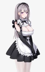 Rule 34 | 1girl, apron, black dress, black gloves, black headwear, blue eyes, blush, bow, breasts, chigusa minori, commentary request, corrupted twitter file, dress, elbow gloves, frills, gloves, grey background, grey hair, highres, large breasts, long hair, looking at viewer, maid, maid headdress, parted lips, saotome shino (shino to ren), shino to ren, simple background, smile, solo, white apron, white bow