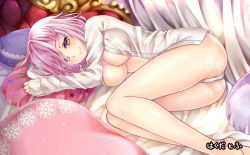 Rule 34 | 1girl, arm pillow, bad id, bad pixiv id, bare legs, barefoot, bed, breasts, closed mouth, curtains, eyelashes, fate/grand order, fate (series), haguda tofu (hakudatofu), hair over one eye, lace, light particles, long legs, long sleeves, looking at viewer, lying, mash kyrielight, medium breasts, no bra, no pants, on bed, on side, open clothes, open shirt, panties, pillow, pink hair, red eyes, shirt, short hair, sleeves past wrists, smile, solo, star (symbol), star print, swept bangs, underwear, white panties, white shirt