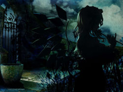 Rule 34 | 1girl, black theme, female focus, flandre scarlet, outdoors, plant, sky, solo, standing, tagme, touhou