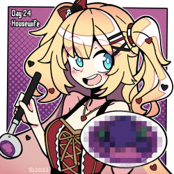 Rule 34 | 1girl, :d, absurdres, akai haato, akai haato (gothic lolita), artist logo, bad food, black choker, blonde hair, blue eyes, blush, border, bow, breasts, censored, censored food, choker, commentary, cross-laced clothes, dated, dress, english commentary, english text, eyes visible through hair, hair bow, hair ornament, hairclip, heart, heart hair ornament, heart necklace, highres, holding, holding ladle, holding plate, hololive, iqbal fauzi, jewelry, ladle, long hair, looking at viewer, medium breasts, necklace, official alternate costume, open mouth, outside border, patterned background, plate, purple background, red bow, red dress, sleeveless, sleeveless dress, smile, solo, two side up, upper body, virtual youtuber, x hair ornament