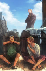 Rule 34 | 3boys, aged down, bandana, barrel, beard, blue hair, blue sky, buggy the clown, cloud, covering own mouth, day, facial hair, finger to mouth, glasses, hat, highres, male focus, multiple boys, one piece, red hair, shanks (one piece), shushing, silvers rayleigh, sky, straw hat, tsuyomaru, twitter username, watermark