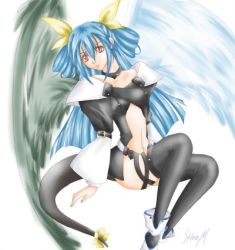 Rule 34 | 1girl, arc system works, asymmetrical wings, bad anatomy, blue hair, bow, dizzy (guilty gear), guilty gear, long hair, lowres, poorly drawn, red eyes, ribbon, solo, tail, tail bow, tail ornament, tail ribbon, thighhighs, wings